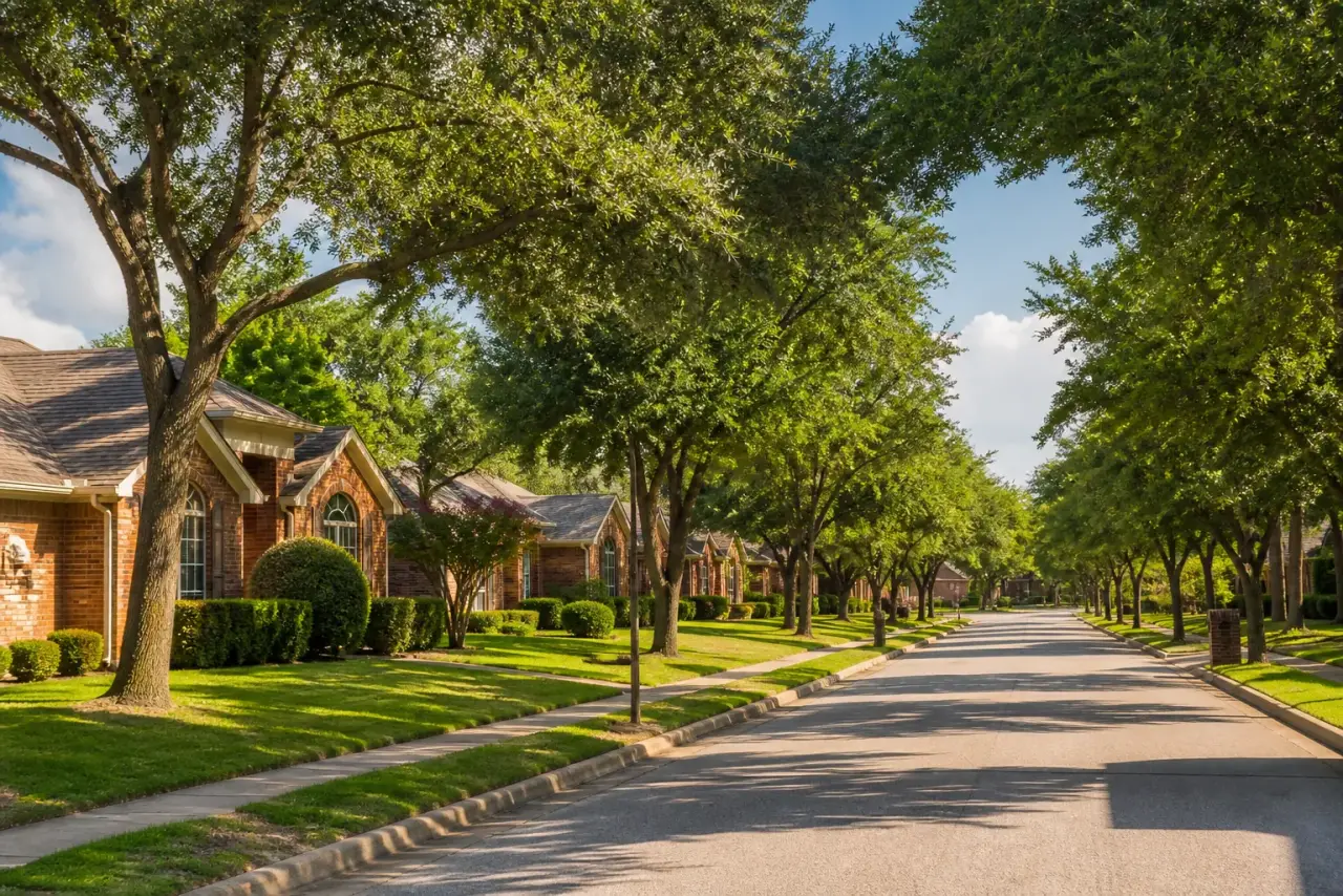 Tree-lined residential street in DFW